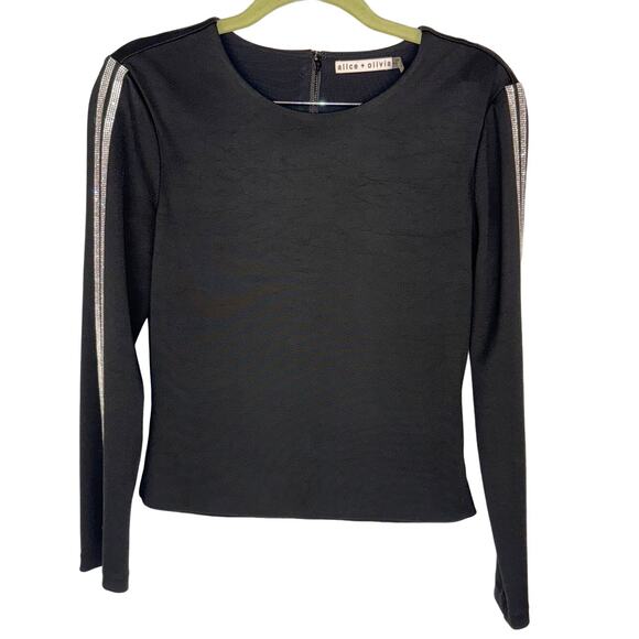 alice + olivia Black Raven Embellished Two Stripe Zip Crew Neck Stretch Top Sz 6 - Picture 1 of 14